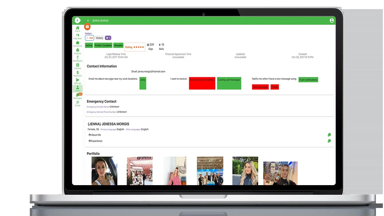 Karma Casting talent profile dashboard on laptop