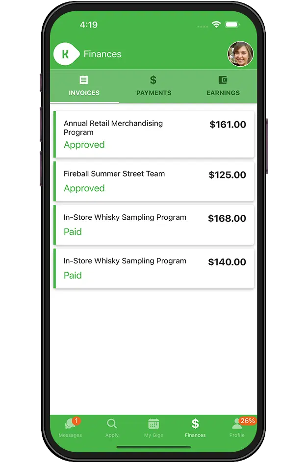 Karma Casting app showing invoices and payment tracking