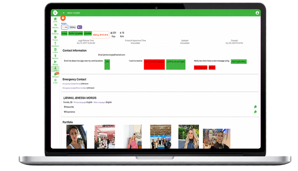 Karma Casting platform showing a talent profile with badges, ratings and portfolio